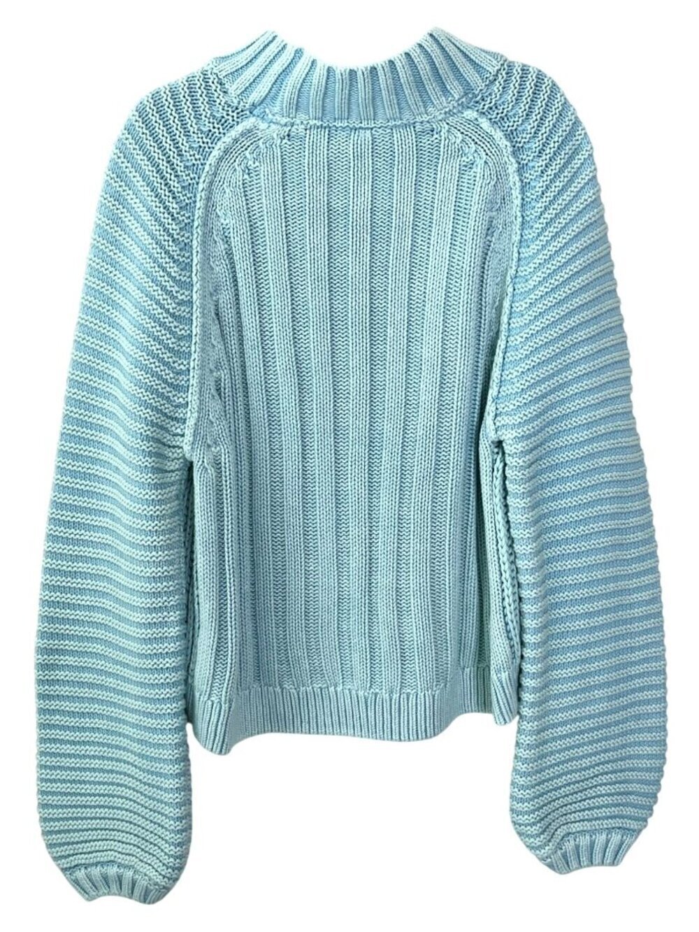 Free People Sweetheart Sweater Aqua Blue Chunky Cotton Knit Large Cozy Textured - Picture 2 of 7